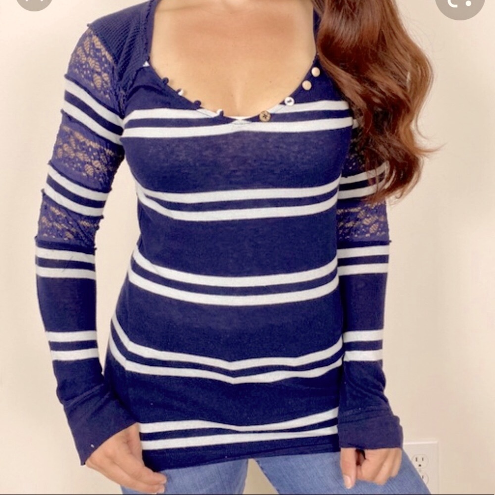 Free People Blue Striped Long Sleeve with Lace